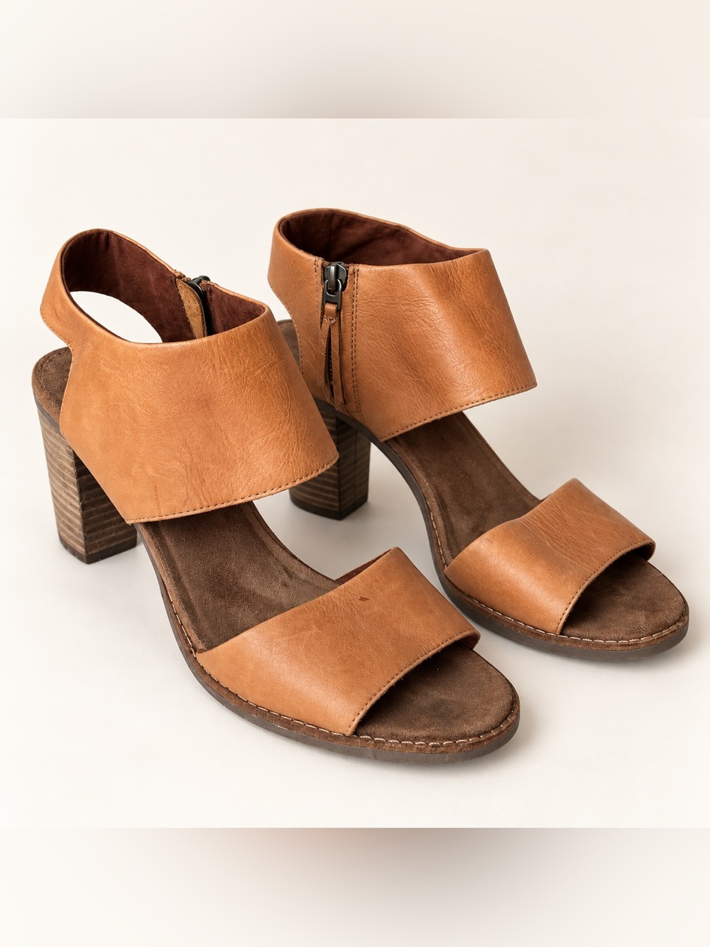 TOMS Cognac Leather Majorca Block Heel Sandals Size 10